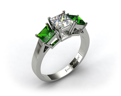 18k White Gold Three Stone Step-Cut Emerald Engagement Ring